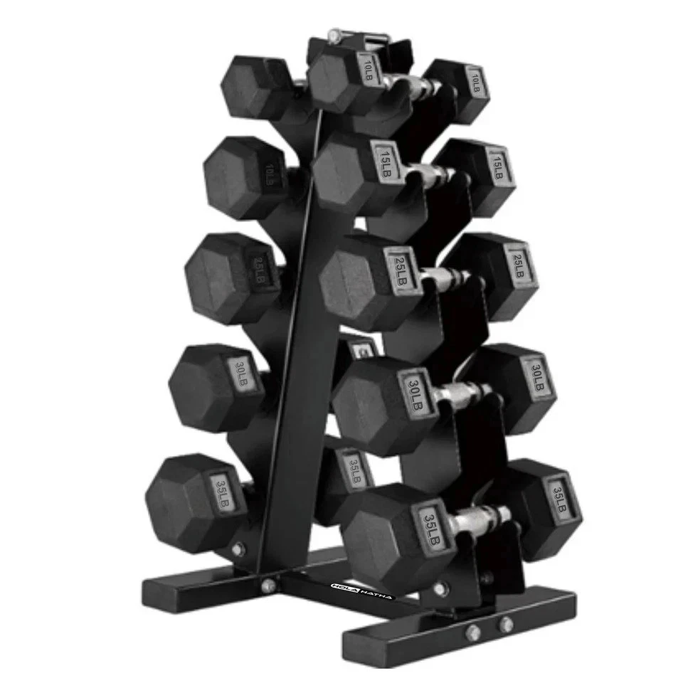 10, 15, 25, 30 & 35 Lb Hexagonal Dumbbell Weight Set w/ Rack, Black