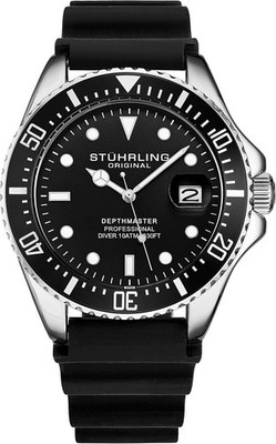 Stuhrling Mens Water Dive Watch Silver 42 MM Case Screw down Crown Rubber Strap 