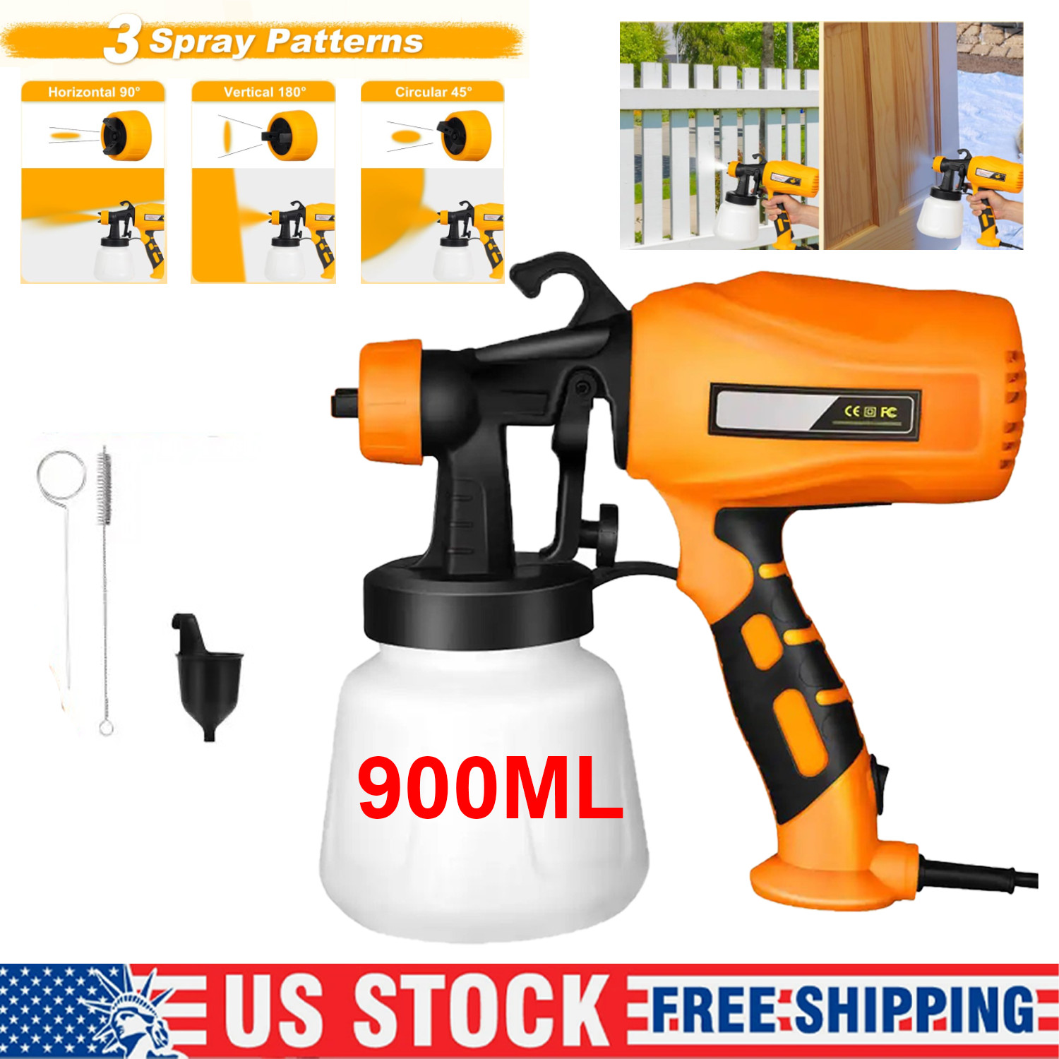 Electric Paint Sprayer HVLP High Power House Painting Paint Gun 2 Nozzles 900ML