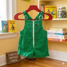 Vintage 70s Lacoste Kids 3T Green Zip Front Romper Shortalls Overalls Boys Girls