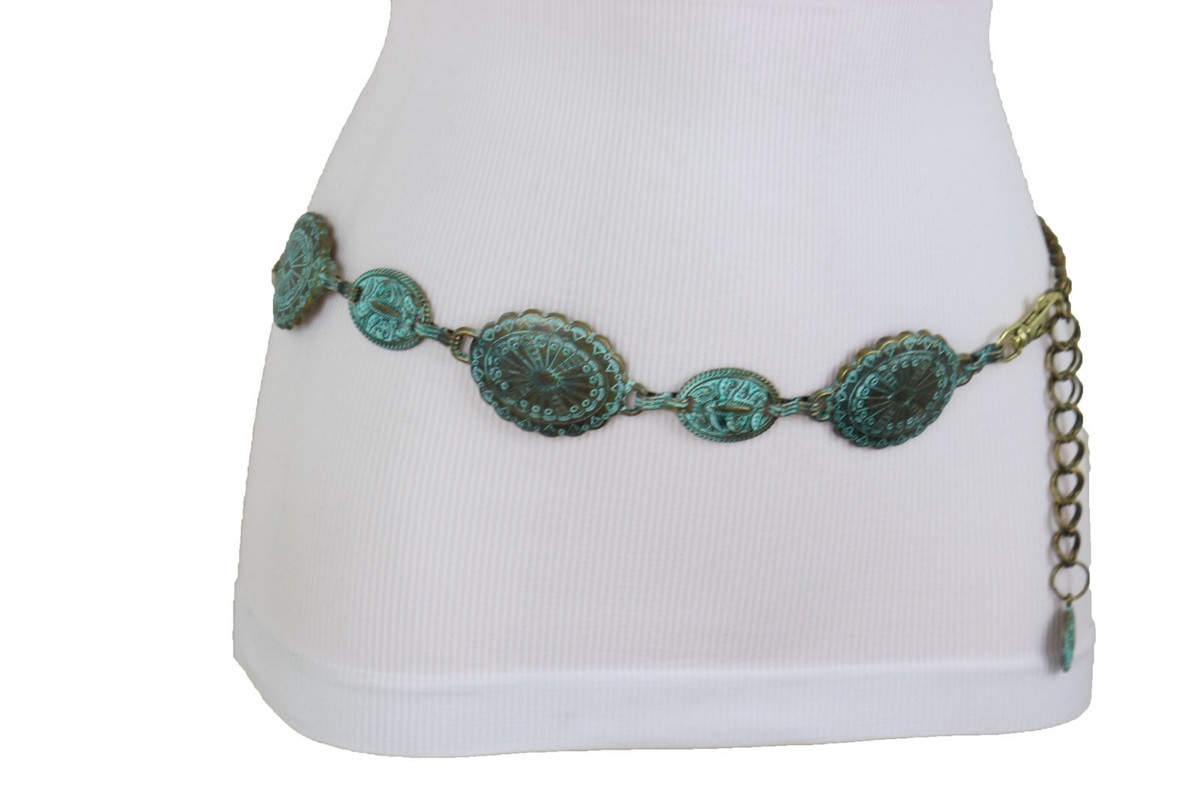 Vintage Coppery Gold Tone Etched Faux Turquoise Chain Metal Belt Vintage Silver Metal and Faux Turquoise Chain Belt 35 Inches  main image 3