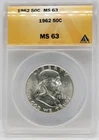 1962 Franklin Half Dollar 50c - Graded ANACS MS63