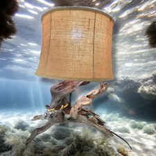 Vintage Natural Driftwood Lamp Folk Art Rustic w/ Glass Gold 7" Scuba Diver