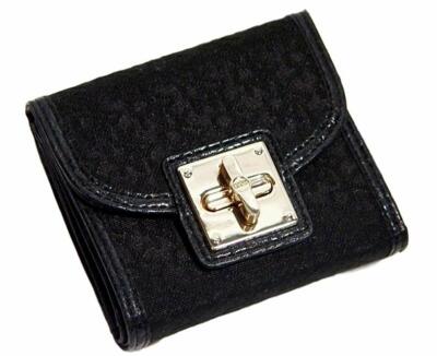 NEW DKNY Women's Black Logo Jacquard Signature Turn-Lock Small Square Wallet 