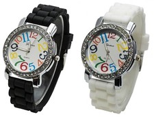 2 Pack White and Black Geneva Women's Large Round Face Silicone Rainbow Numbers