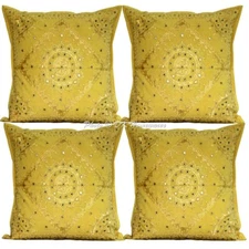 Cotton Throw Pillow Covers Embroidered Boho Mirrored Indian Set Of 4 Pillowcase