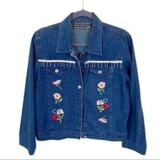 Jean Jacket Floral New Identity Women SZ PM Blue Embroidered Beaded Long Sleeves