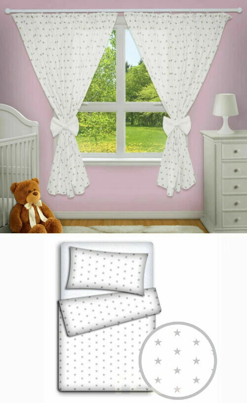 Nursery Crib Bedding Set 2pc with Curtains – White & Grey Star Design
Opens in a new window or tab