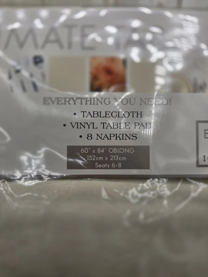 Ivory Damask Tablecloth Vinyl Table Pad & 8 Matching Napkins Oblong 60" X 84" - Image 3 of 4