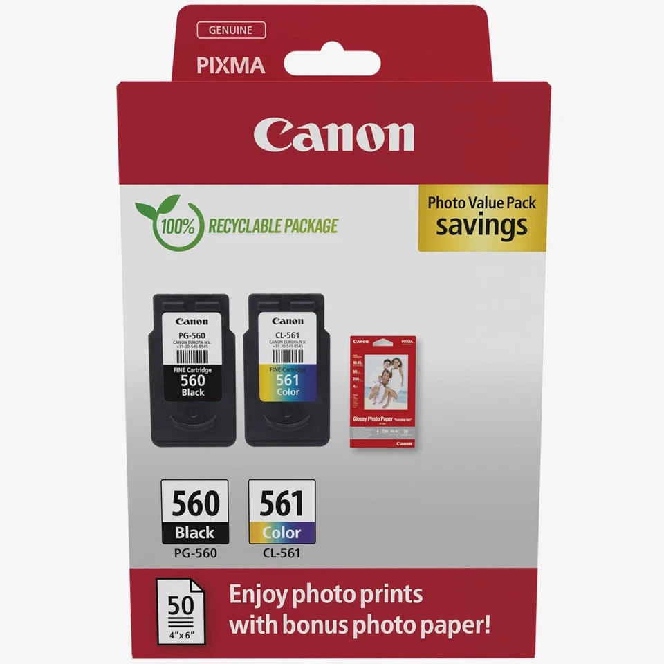 PACK 2 DEUX CARTOUCHES CANON NOIR 560 + COULEUR 561/ pg-560 cl-561 noire pas xl - Photo 1/1