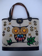 Vintage Enid Collins Penny Wise Owl Handbag Purse Linen Leather Trim Jewels Coin