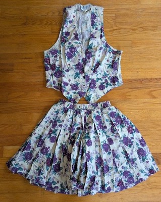 VTG Easter Rampage 80's 90's Purple Floral Circle Skirt Button Up Vest Mini