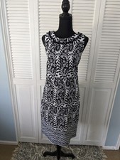 Talbots Dress Women's Sz M Sleeveless White Black Paisley Pompom Stretch Coastal