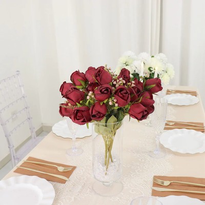 BURGUNDY 3 Bouquets 13'' Silk Rose Bud Artificial FLOWER Bushes Party Decorations