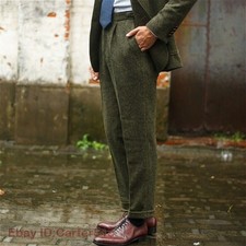 Men Herringbone Tweed Casual Wool Blend Retro Trousers Green Fit Suit Pants Slim