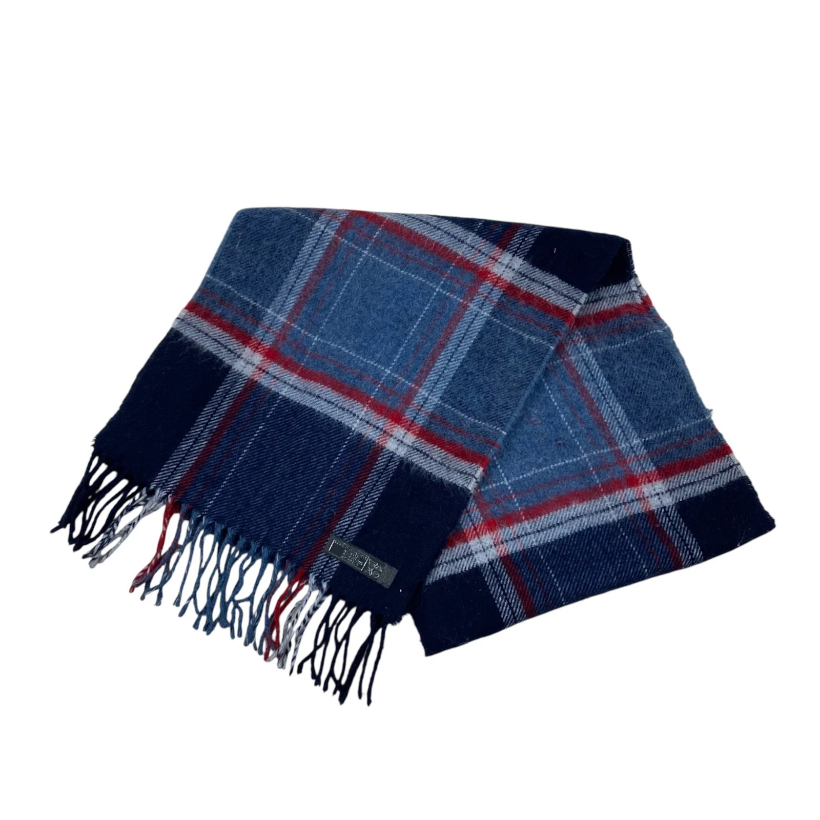 VINTAGE Woolly Tartan Scarf Blue Red Plaid Check Checked Scottish Tasselled