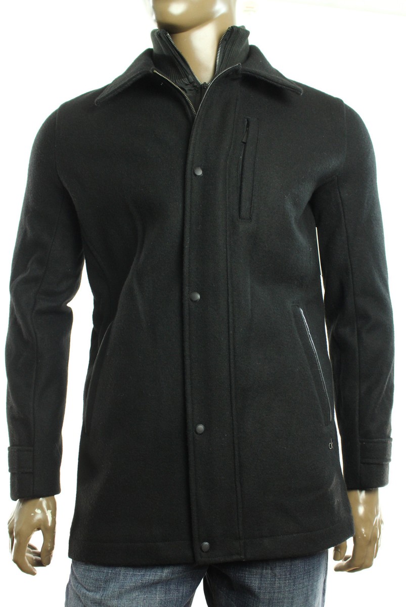 NEW CALVIN KLEIN WOOL BLEND MELTON BIBBED FRONT w/ FAUX LEATHER TRIM CAR  COAT