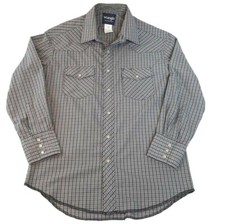 Wrangler Pearl Snap Blue Gray Plaid Long Sleeve Western Shirt Mens M