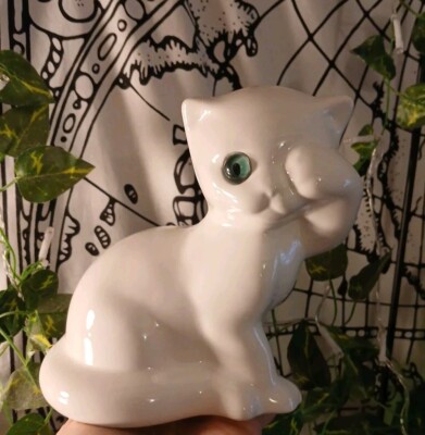 VTG White Cat Ceramic Portugal Blue Glass Eye 6