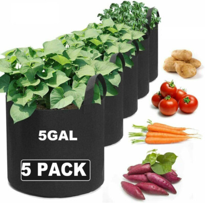 5 Pack Black Fabric Grow Pots Round Aeration Plant Pot Grow Bag 5 Gallon Garden