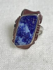 Signed Denim Lapis Ring in Tooled Sterling Silver Setting - Size 8.75