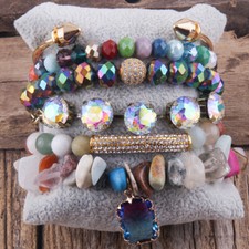 Natural Beaded Charm Stretch Bracelets Set Layered Party Stack Beads Gold Cuff