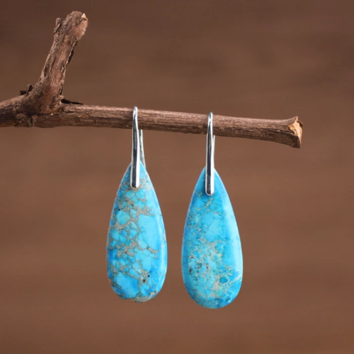 Natural Turquoise Stone Teardrop Dangle Earrings Blue Gemstone Hook Earrings - Image 2 of 2