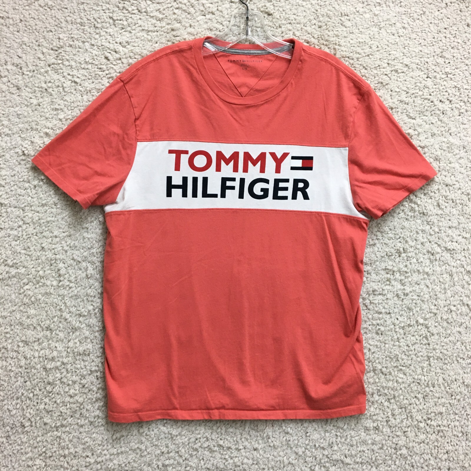 Tommy Hilfiger Shirt Large Adult Pink Coral Graphic Logo Short Sleeve Casual Men