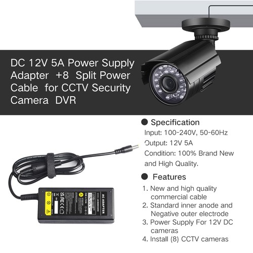 12V 60W AC Adapter Charger 8 Split Cable Power Cord For Security CCTV DV Camera - Picture 2 of 9