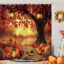 Fall Pumpkins Maple Leaf Shower Curtain  Autumn Harvest Farmhouse Thanksgiving...