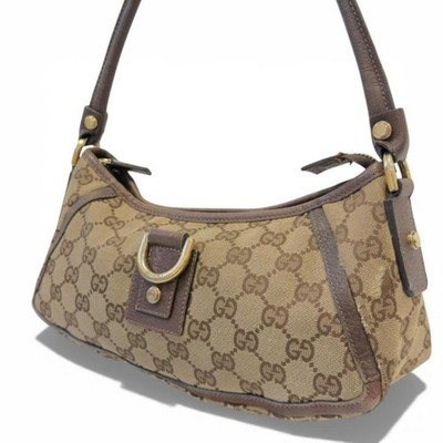 Vintage GUCCI Beige Ebony GG Monogram Abbey D Ring Accessory Pouch Baguette Auth