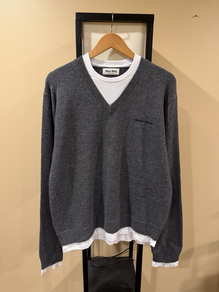 Miu Miu 2025 Cashmere Gray Double Layer V-Neck Sweater | eBay
