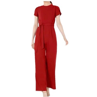 Calvin Klein Red Tulip Sleeve Belt Stretch Wide Leg Crop Jumpsuit Size 2