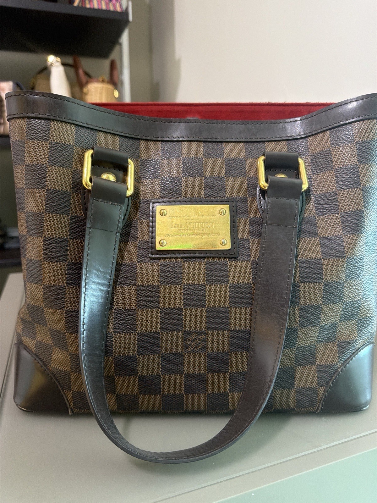 Louis Vuitton Women’s Damier Ebene Brown Tote Double Handles Buckle Gold