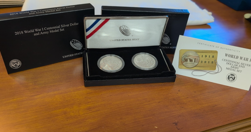 2018P WORLD WAR 1 CENTENNIAL PROOF SILVER DOLLAR AND ARMY MEDAL SET ...