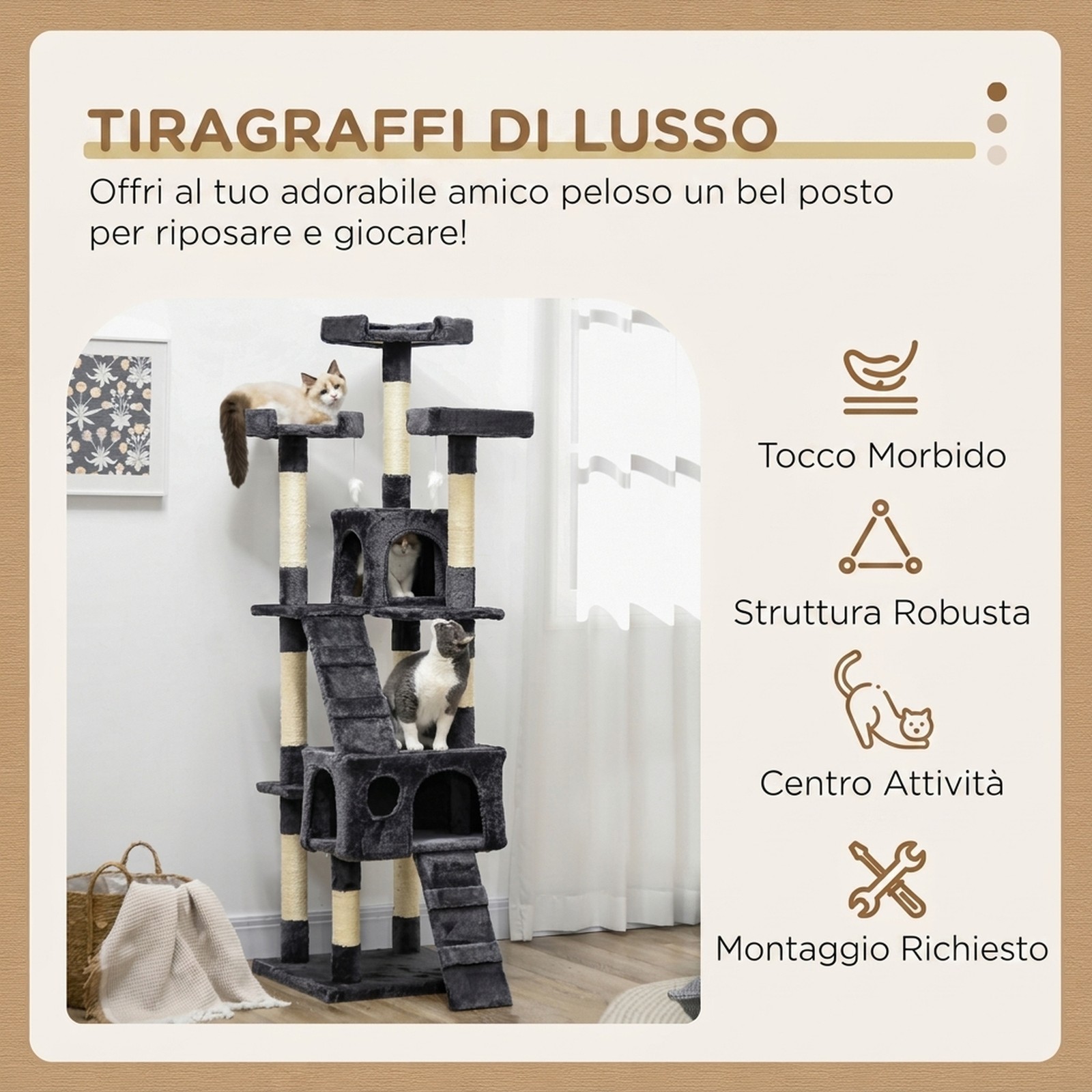 Albero Tiragraffi per Gatti con 3 Posatoi, 2 Casette e Giochi Appesi, in Legno e foto 4