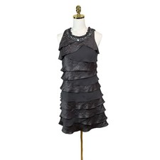 SL Fashions Gray Shimmery Tiered Ruffle Beaded Neck Cocktail Party Dress Size 8