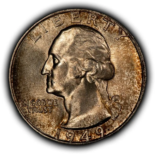 1949-D 25c Silver Washington Quarter - Speckled Neon Toning - BU - SKU-Z6458