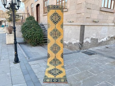 Vintage Turkish Oushak Runner Rug 2x11 ft Hand Knotted Wool Anatolian Hallway