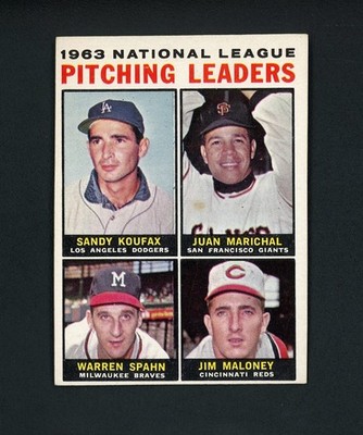 1964 Topps 1963 NL Pitching Leaders (Koufax, Marichal, Spahn, Maloney (HOF) #3 E
