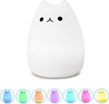 Cute Kitty Night Light, Rechargeable Silicone Cute Lamp with Warm White  7-Colo