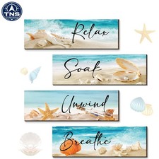 Ocean Beach Wall Art 4 Pcs Wooden Decor Starfish Seashell Relax Soak Unwind
