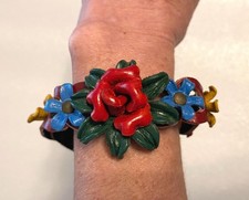 Vintage Riveted Multi Color Flowers Leather Bracelet Snap Adjustable Hippie Boho