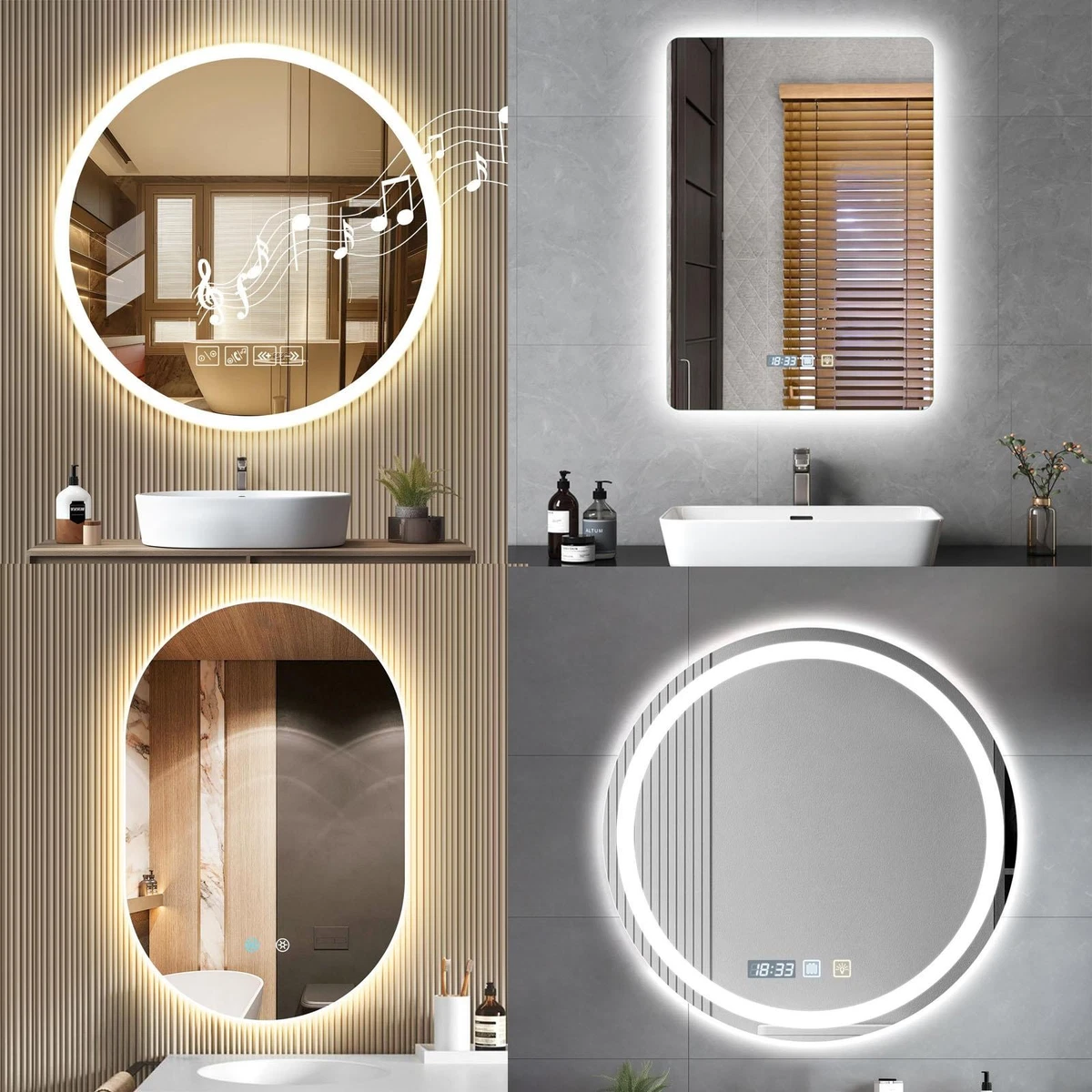 LED Badspiegel 60/70/80cm mit Beleuchtung Beschlagfrei Touch Dimmbar Wandspiegel
