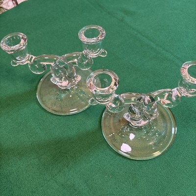 2 Vtg HEISEY Glass Lariat #1540 Double Candlesticks PAIR Candle Holders Art Deco