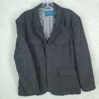 Perry Ellis Blazer Mens 2xl Elbow Patch 49% Wool Riding 4 Button Glen Plaid Gray