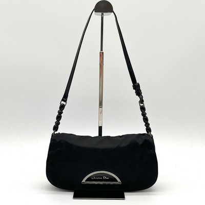 Auth Christian Dior Maris Pearl Nylon Shoulder Bag Black 2Y9234