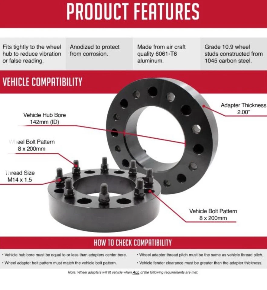 2x Espaciadores de rueda Coyote 8x200 mm 2" de grosor M14x1,5 para Ram 3500 y Ford F350 Foto 4 de 4