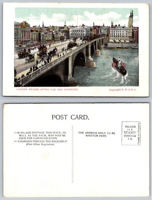 London Bridge After 1904 Widening Postcard, Horse Carriages, Thames, UK