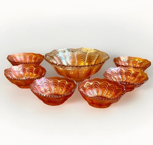 Antique ca 1910 Fenton Carnival Glass Peacock Tail Berry Bowl Set in Marigold
